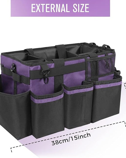 Wearable Cleaning Caddy, Cleaning Caddy Supplies Organizer with Handle & Shoulder Straps for Housekeepers, Under Sink & Car Cleaning Tool Organizers Bag with 4 Foldable Divider (Purple)