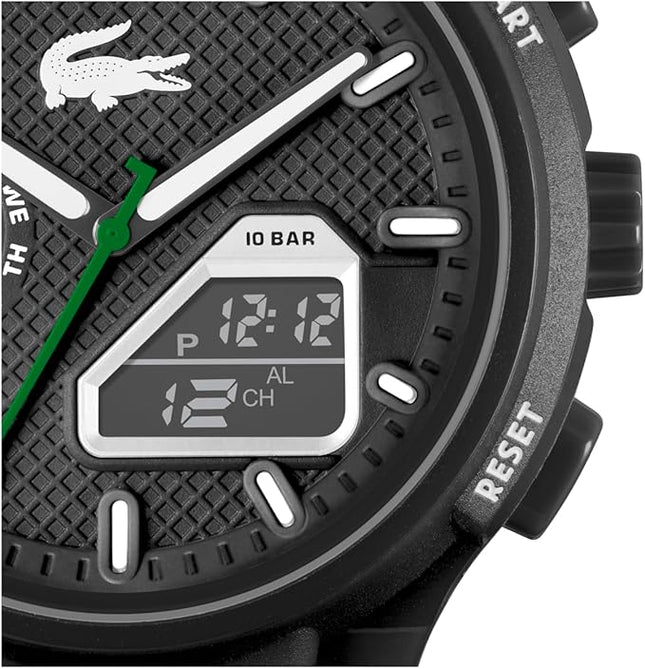 Lacoste LC33 Men's Analog-Digital Watch – TR90 Case, World Clock, Stopwatch, Alarm, Backlight, Textured Silicone Strap, Premium Fashion Timepiece - Gift for Him - 45mm