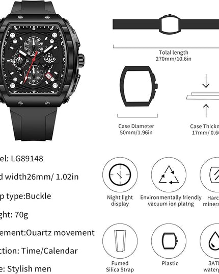 Mens Watches,Unique Rectangular Quartz Analog Watch,Outdoor Sports Multi-Function Watch,Chronograph/Waterproof/Luminous/Calendar,Durable Silicone Strap Mens Casual Watches