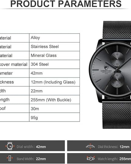 GOLDEN HOUR Mens Watch Fashion Sleek Minimalist Quartz Analog Mesh Stainless Steel Waterproof Chronograph Watches for Men with Auto Date