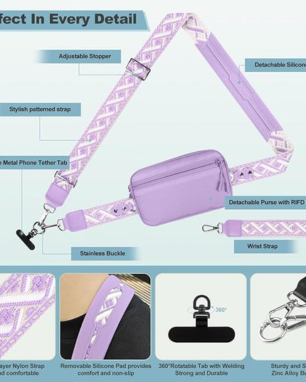 Clip and Go Strap for Phone with Wallet Crossbody, Adjustable Phone Lanyard with Detachable RFID Wristlet Wallet, Pattern Strap - Purple (L)