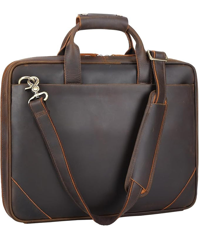 Leather Slim Briefcase for Men 15.6" Laptop Crossbody Messenger Bag Business Work Lawyer Attache Case