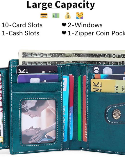 Falan Mule Women's Wallet, Genuine Leather, Bifold, RFID Blocking, Peacock Blue, 10 Slots, 2 Windows, 1 Zipper Pocket, 2 Compartments