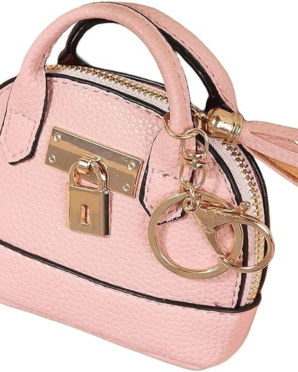 Cute Genuine Leather Keychain Coin Purse for Women with Tassels Mini Change Pouch Brown (Pink)