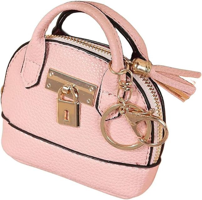 Cute Genuine Leather Keychain Coin Purse for Women with Tassels Mini Change Pouch Brown (Pink)