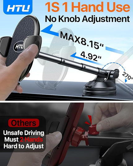 HTU 【Military-Grade Suction】 Cell Phone Holder for Car【Flexible Telescopic Arm】 Car Phone Mount Stand for Dashboard Windshield for iPhone 17 16 Pro Max 15 14 13 12 Samsung Truck Jeep, Black