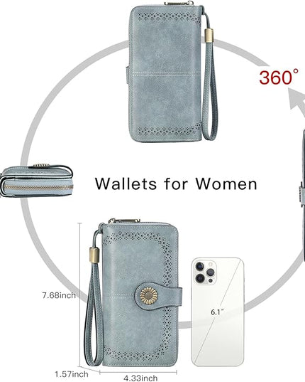 SENDEFN Wallet for Women RFID Blocking Leather Clutch Long Purse Large Capacity Credit Card Holder Wristlet