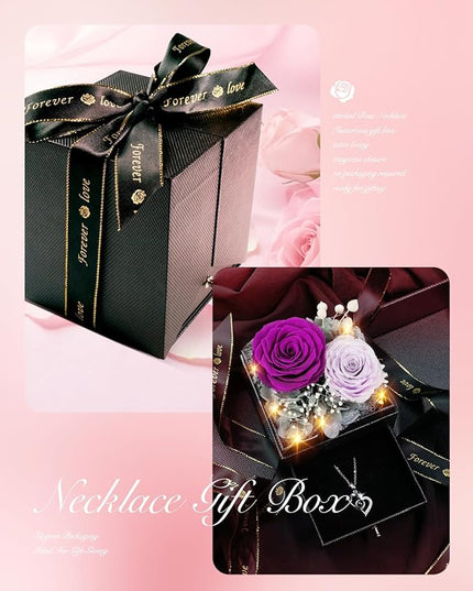 Birthday Gifts for Women, Preserved Real Roses with Heart Necklace I Love You in 100 Languages, Anniversary Wedding Gifts for Women Her Girlfriend Wife, 2 Forever Roses Necklace Gift Box Purple