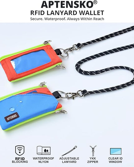RFID Travel Wallet with Adjustable Lanyard-Zipper Small Wallet with ID Card Holder, Keychain for women&men-Minimalist Slim Waterproof Nylon case for ID, Cash, Key (SkyBlue+BlazingOrange)