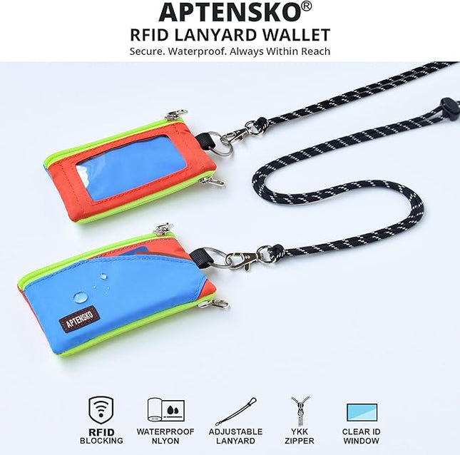 RFID Travel Wallet with Adjustable Lanyard-Zipper Small Wallet with ID Card Holder, Keychain for women&men-Minimalist Slim Waterproof Nylon case for ID, Cash, Key (SkyBlue+BlazingOrange)