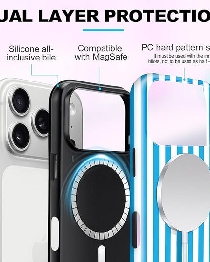 Magnetic for iPhone 17 Pro Case Cute Stripes Phone Case, Shockproof Slim TPU and Hard PC Protective Phone Cover Compatible with MagSafe Designed for Women Girls, Deep Blue