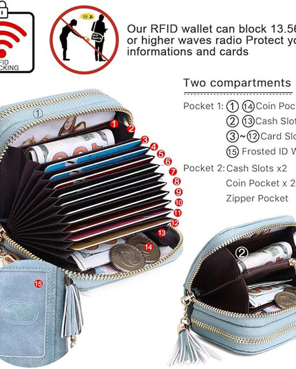 APHISON RFID Credit Card Holder Zipper Card Case Keychain Small Wallet for Women 1942-2 BLUE