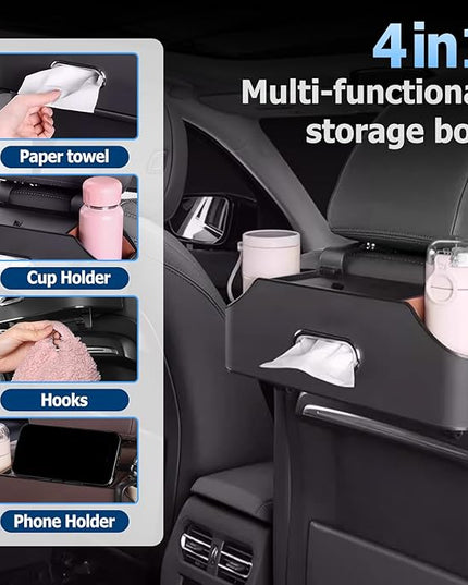 Multifunctional Car Back Seat Storage Organize, 2026 Upgrade 3-in-1 Car Backseat Organizer with Cup Holder, Tissue Box, Trash Bin & Hooks, for Hold Phones, Snacks, Drinks, and Handbags (Black)