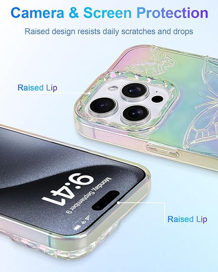 Cute Case for iPhone 15 Pro Max Case for Women Girls, with 3D Butterflies Pattern Design, Aesthetic Clear Iridescent Glitter Kawaii Girly Rainbow Protective Phone Cover