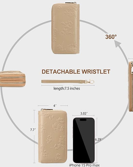yiijay Womens Wallet RFID Blocking Large Capacity Leather Double Zip Wristlet Wallet Credit Card Phone Holder Ladies Clutch Purse Flora