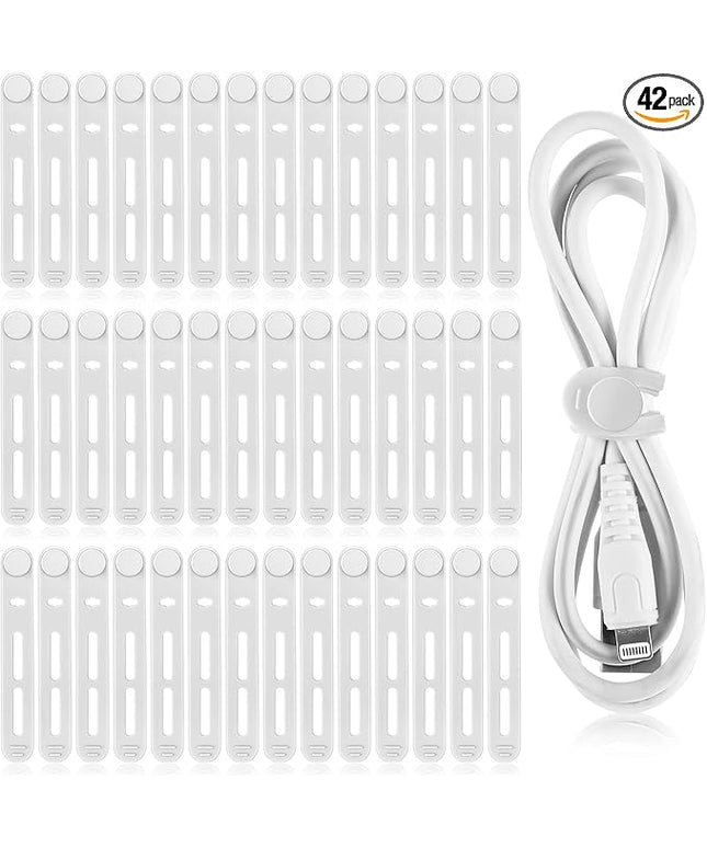 42 Pcs Silicone Cable Ties Reusable Cord Straps Multipurpose Elastic Cable Organizer for Bundling Fastening Earphone Phone Charger Home Office School, 3.15 Inch (White)