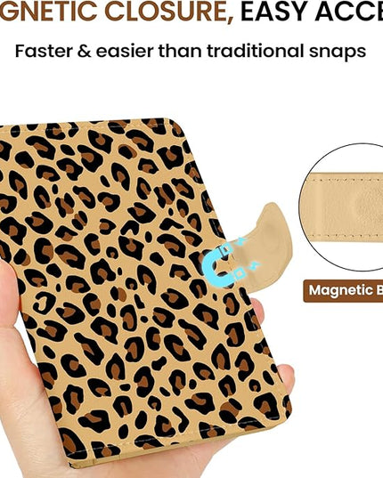Passport Holder for Travel Essentials, RFID Blocking Leather Cover Wallet with Magnetic Closure, Aesthetic & Cute Passport Book Case for Women and Men - Leopard