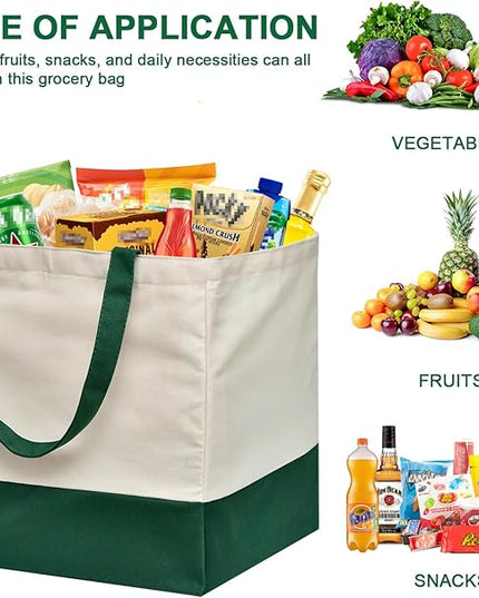 3 Pcs Reusable Grocery Bags - Heavy Duty Canvas Bag, 8.3 gal Foldable Large Canvas Tote Bag with Handles, Holds 60 lbs Tote Shopping Bags,100% Cotton（Retro Green）