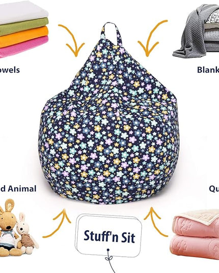 YuppieLife Kids Storage Bean Bag Cover（No Filling）Toy Organizer|Carrying Handle Sofa|Available for Kids and Teenager|Cuddle Chair|Machine Washable and Durable（27“,Blue Flowers）