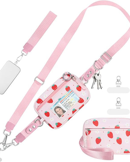 Clip and Go Strap for Phone with Wallet Crossbody Phone Lanyard and Detachable Checkered Bag with ID Window and RFID Pouch for Daily Travel. Strawberry