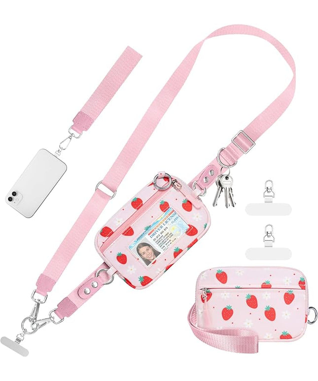 Clip and Go Strap for Phone with Wallet Crossbody Phone Lanyard and Detachable Checkered Bag with ID Window and RFID Pouch for Daily Travel. Strawberry