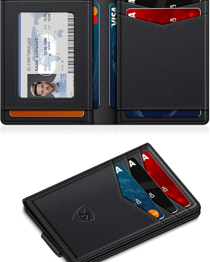 ZALVEX Wallet for Men Slim Leather Wallets for 12-15 Cards, Minimalist Thin RFID Blocking Card Holder with Money Clip & ID Window, Small Bifold Front Pocket Wallet, Gifts for Men