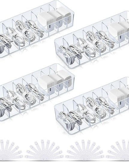 Tatuo 4 Pcs Cable Organizer with 40 Wire Ties, Plastic Cord Storage Charger Box Electronics Organizer with Adjustment Compartments Cable Storage for Drawer Home Office Desk Accessories (Clear)