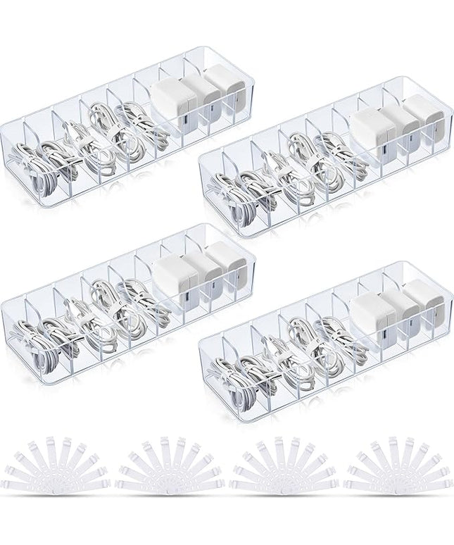 Tatuo 4 Pcs Cable Organizer with 40 Wire Ties, Plastic Cord Storage Charger Box Electronics Organizer with Adjustment Compartments Cable Storage for Drawer Home Office Desk Accessories (Clear)