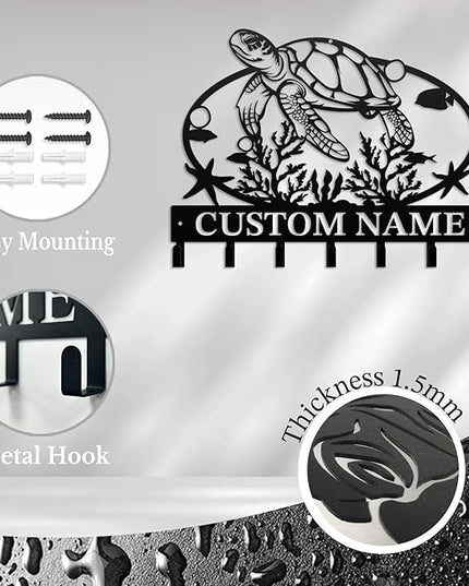 Casebrick Custom Sea Turtle Metal Wall Hooks,Key Holder-Personalized Iron Wall Decor for Keys, Coats & Home Organization (Black, Handmade,Decorative for Entryway, Beach,Bedroom,Office) (Style A)