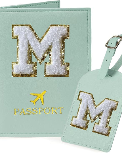 COSHAYSOO Green Initial Passport Cover Holder and Luggage Tag Set TSA Approved with Alphabet Chenille Letter Patch for Women Teenager Girls, PU Leather Traveling Bag Suitcase Identifier (M)