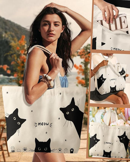 Large Tote Bag for Women - Aesthetic Cute Big Canvas Bags with Zipper Cotton Shoulder Bag for Gym, Travel, Work
