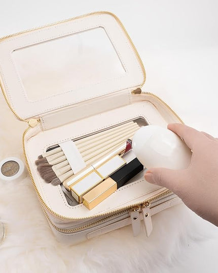 Aveniee Clear Makeup Bags, Double Layer Cosmetic Case with Separate Brush Compartment, Large Toiletry Organizer for Women, Travel Accessories Holder(2 Layers Large, White)