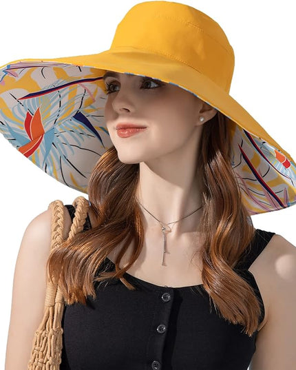 HUAMULAN Women Summer Sun Hat Wide Brim Wired Edge Floral Beach Bucket Hats Reversible Foldable Travel UV Protection Lady Hat