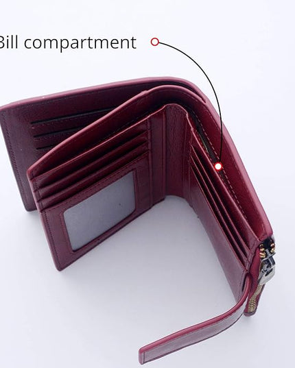 Bveyzi Women's Small Leather RFID Blocking Bifold Zipper Pocket Wallet Ladies Credit Card Slots Purse with id Window