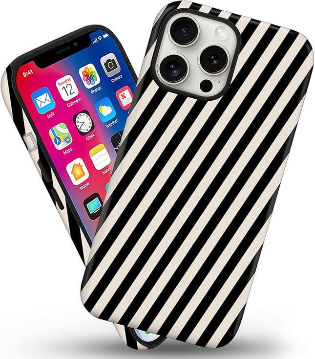 Magnetic for iPhone 14 Pro Max Case Cute Diagonal Stripes Phone Case, Shockproof Slim TPU and Hard PC Protective Phone Cover Compatible with MagSafe Designed for Women Girls,Black and White