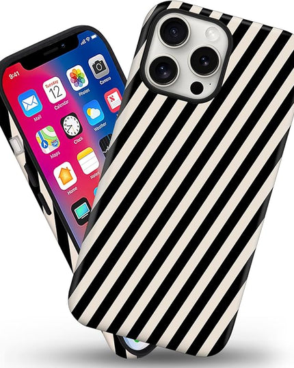 Magnetic for iPhone 15 Case Cute Diagonal Stripes Phone Case, Shockproof Slim TPU and Hard PC Protective Phone Cover Compatible with MagSafe Designed for Women Girls,Black and White