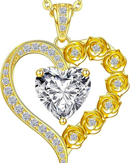 Beam & Bask 2-3 Carat Moissanite Rose Flower Heart Necklace for Her, Sterling Silver Plated with 18K Gold, Birthday, Wedding, Anniversary Pendant Jewelry for Girlfriend, Wife, Bride, Soulmate