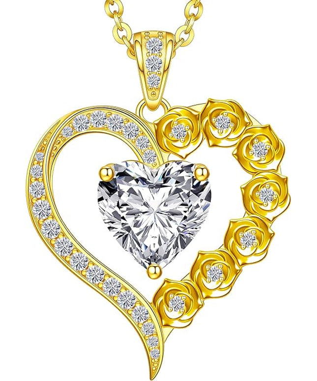 Beam & Bask 2-3 Carat Moissanite Rose Flower Heart Necklace for Her, Sterling Silver Plated with 18K Gold, Birthday, Wedding, Anniversary Pendant Jewelry for Girlfriend, Wife, Bride, Soulmate