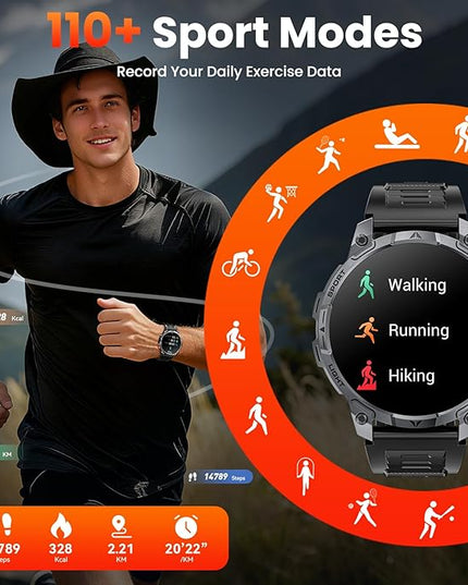 Military Smart Watches for Men,1.75″ Smartwatch with 100-Day Ultra-Long Battery/Flashlight,Fitness Watch for Heart Rate/Sleep/Calling/110+ Sports Mode Smart Watch for Android iOS 1000 mAh