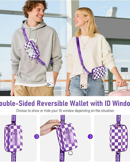 Clip and Go Strap for Phone with Wallet Crossbody Phone Lanyard and Detachable Checkered Bag with ID Window and RFID Pouch for Daily Travel.