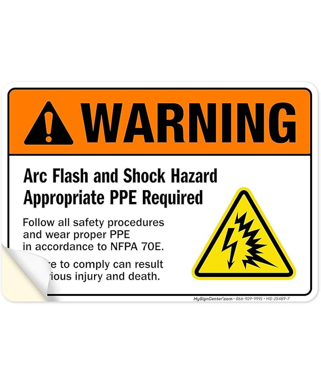 Warning Arc Flash And Shock Hazard Appropriate PPE Required Sign, 10x7 Inches, 4 Mil Vinyl Decal Stickers Weather Resistant, Made in USA by My Sign Center