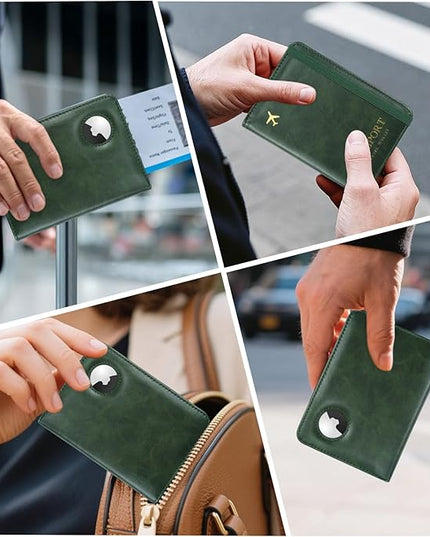 Passport Holder with AirTag – RFID Blocking Travel Document Wallet, Leather Passport Cover with AirTag Slot, Keeps Passport Safe & Trackable (Green)