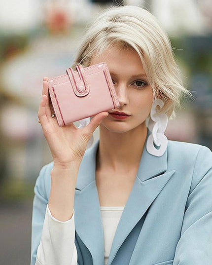 TFKGS Small Wallet for Women Vegan Leather RFID Blocking Bifold Compact Credit Card Holder with Zipper Coin Pocket Pink