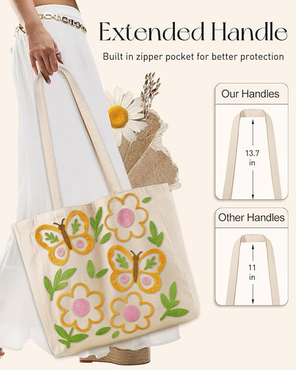 Embroidery Canvas Tote Bag for Women - Reusable Totes with Pocket & Buckle Aesthetic Cute Grocery Shoulder Bag