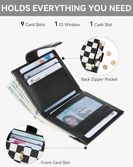 BOSTANTEN Slim Wallet for Women Small RFID Blocking Credit Card Holder Leather Bifold Wallets with Zipper Coin Pocket Black and White Checkered