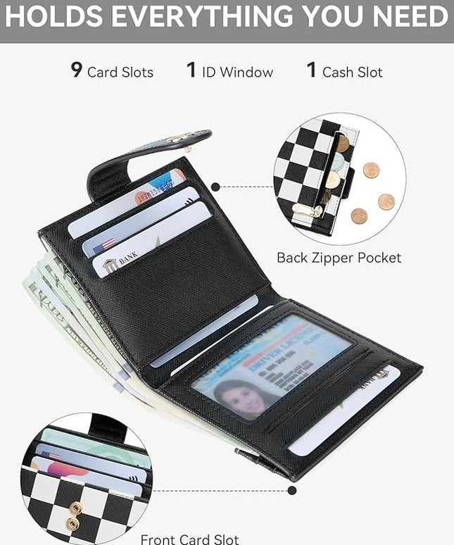 BOSTANTEN Slim Wallet for Women Small RFID Blocking Credit Card Holder Leather Bifold Wallets with Zipper Coin Pocket Black and White Checkered