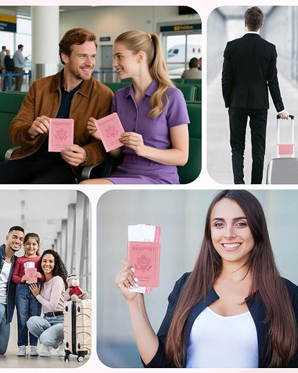 Passport Holder for Travel, RFID Blocking Passport Cover with Pen Holder Leather Passport Wallet Case Travel Must Haves Accessories Passport Book Card Holder for Family Travel Essentials Gifts, Pink