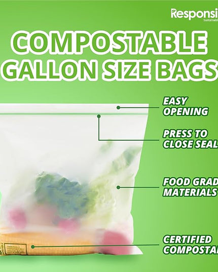 Certified Compostable Large GALLON Resealable Zip Bag, Extra Strength Food Bags, Made from Plant Materials (64 Pack)