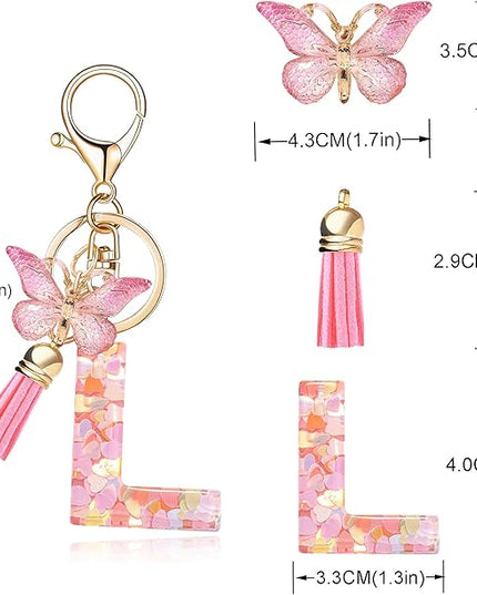 Fashion Alphabet Initial Letter Keychain Tassel Butterfly Pendant Key Ring for Purse Handbags Women Girl