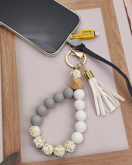 Phone Lanyard Silicone Beaded Phone Wrist Strap Cute Elastic Cell Phone Wristlet Chain Bracelet with 2 Tether Tab